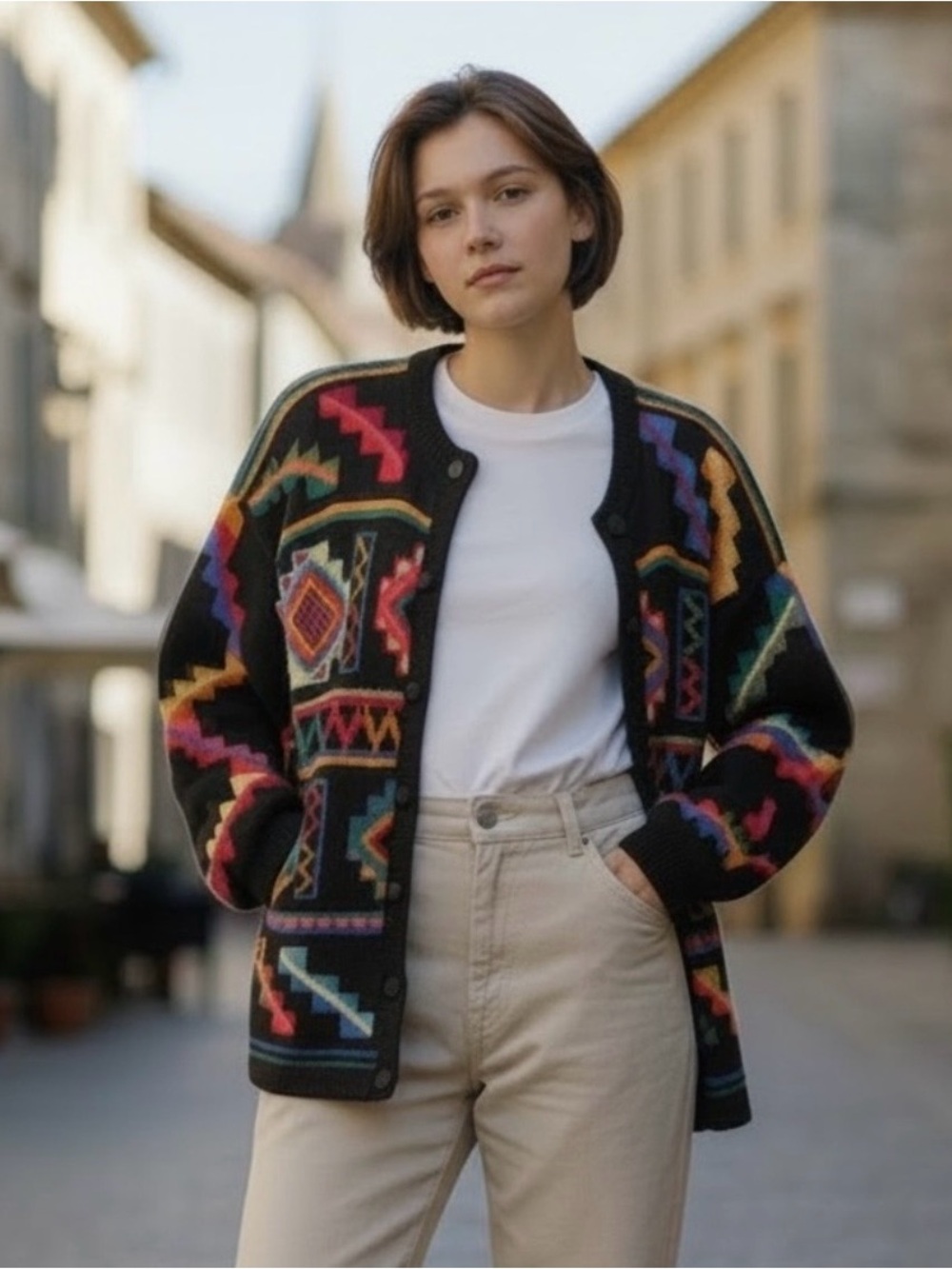 Earth Tones Santa Fe Hand Knit Black Multicolor Southwestern Cardigan size XL